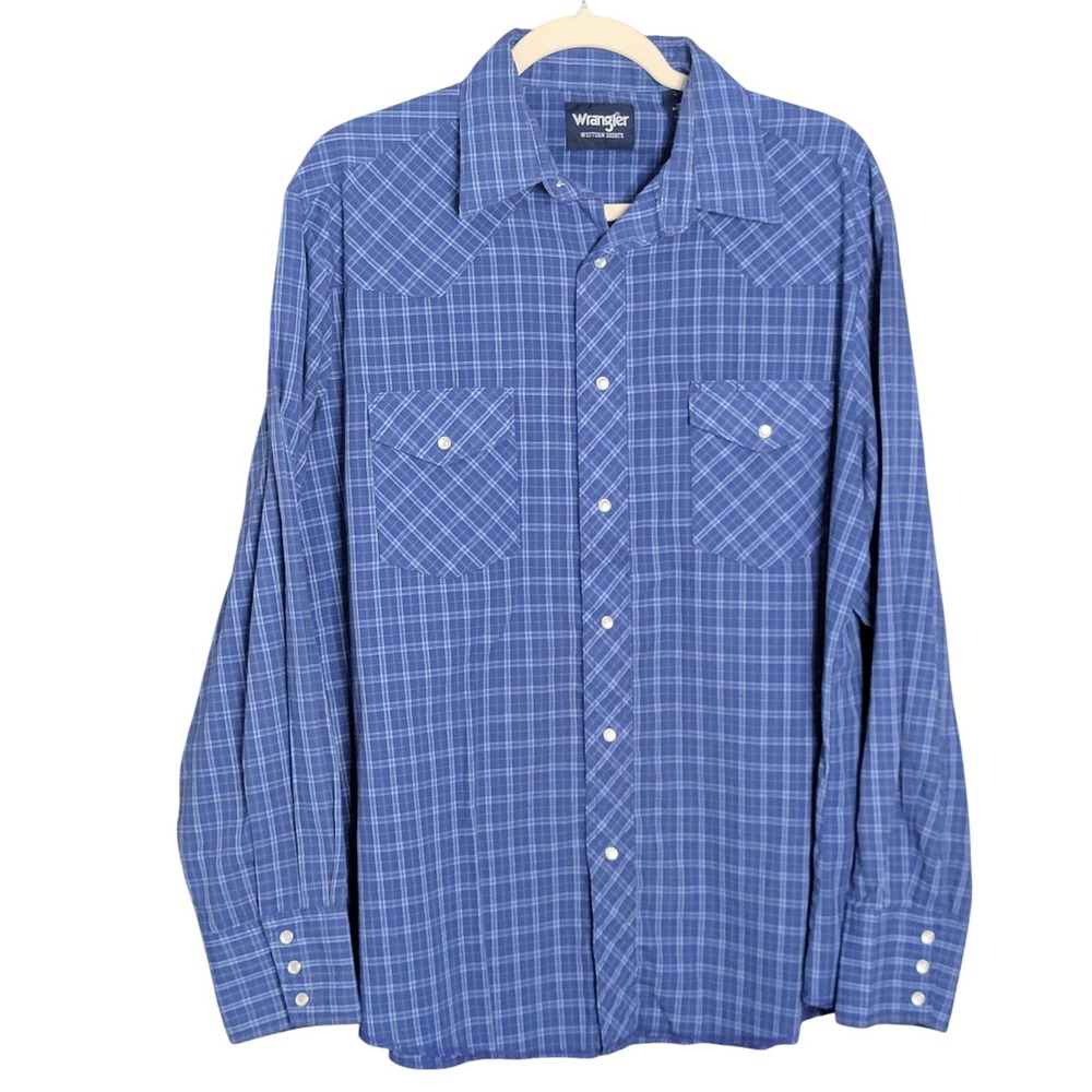 Wrangler Western Shirt Large Blue Plaid Pearl Snap Long Sleeve Vintage Cowboy